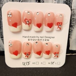 Pink and White Nail Set with Red Heart Accents